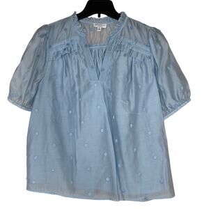 Current Air Blue Embroidered Polka Dot Ruffle Collar Top Medium Women's